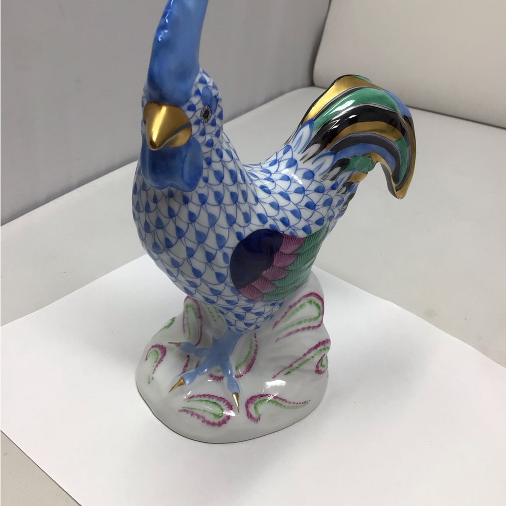 Herend Blue Fish Net design Rooster Figurine